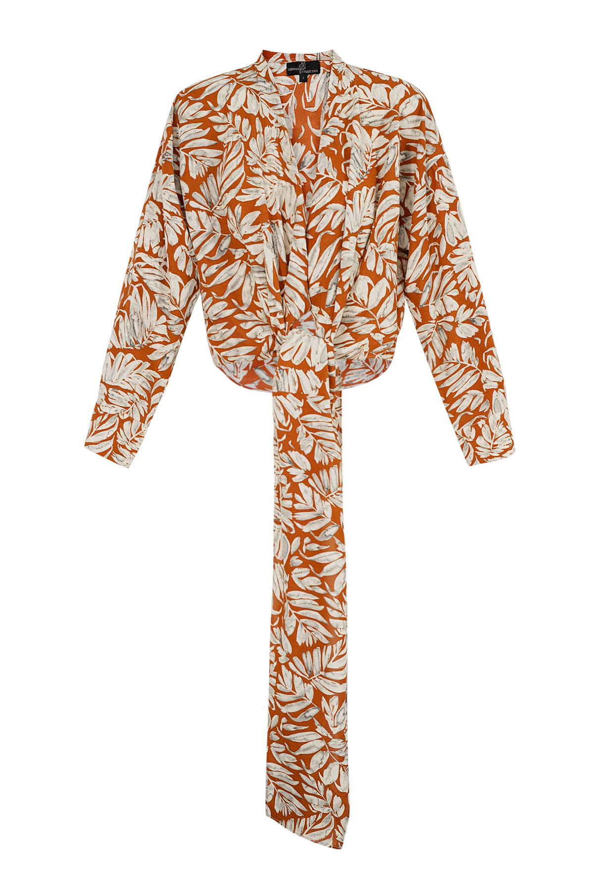 Blusa cruzada estampado hojas naranja h5 